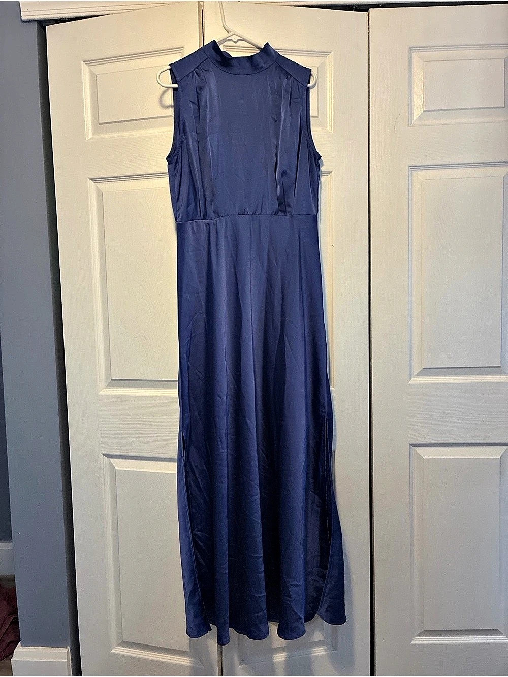 Lulus Classic Elegance Blue Satin Sleeveless Mock Neck Maxi Dress Women's Blue